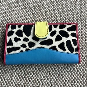 Genuine Leather Mixed Calf Hair Color Block Wallet. Multicolor Boho